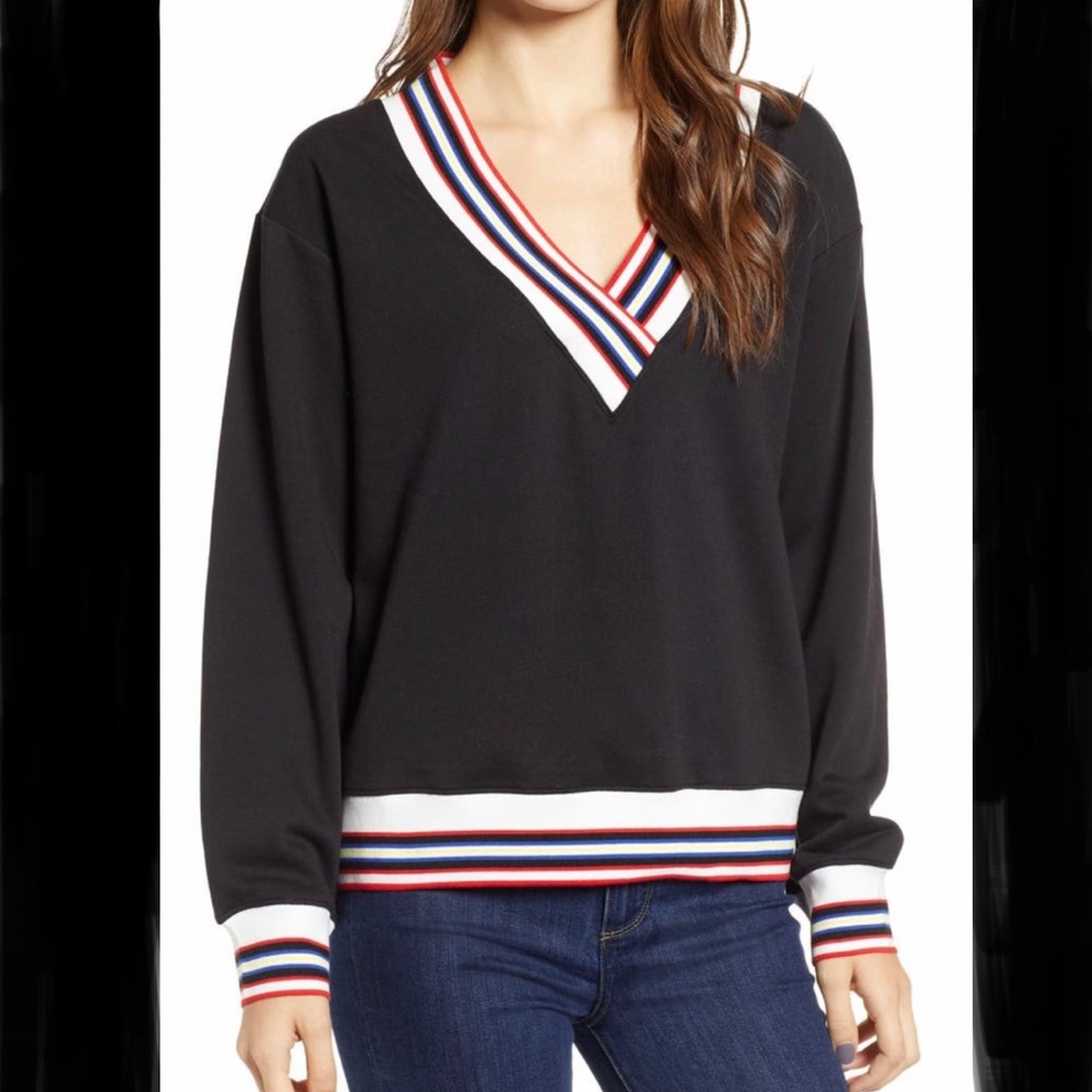 Rebecca Minkoff Kristine Sporty V-neck Sweatshirt With Striped Trim In Black